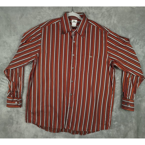Lacoste Other - Lacoste Brown Red Striped Long Sleeve Button Shirt Mens 44 XL Casual 100% Cotton